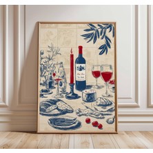 Ninastore Şarap ve Peynir Posteri, Vintage Mutfak Duvar Sanatı Baskısı, Akdeniz Yemekleri Illüstrasyonu, Rusti