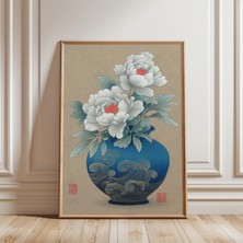 Ninastore Şakayık Vazo Posteri Japon Çiçek Illüstrasyonu, Mavi ve Beyaz Tonlarda