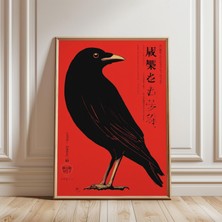 Ninastore Kırmızı Arka Plan Üzerinde Japon Mürekkep Çizimiyle Yapılmış Karga Posteri