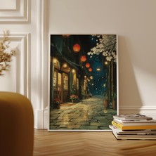 Ninastore Kyoto'da Japon Fener Yolu Gece Manzarası Posteri Kiraz Çiçeği Yolu Sanatı