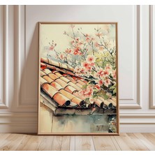 Ninastore Japon Çatı Suluboya Posteri Kiraz Çiçeği Duvar Sanatı Baskısı Asya Mimarisi Tablosu Zen Minimalist E