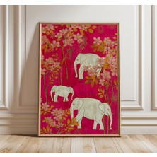 Ninastore Hint Fili Çiçek Desenli Bohem Duvar Sanatı Pembe ve Altın Oryantal Poster Egzotik Doğa Dekorasyonu K