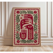 Ninastore Sürrealist Halk Sanatı Baskısı Kırmızı ve Yeşil Gözlü El Eseri Mistik Botanik Poster Bohem Duvar Dek