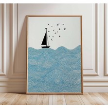 Ninastore Yelkenli Duvar Sanatı | Okyanus Dalgaları Baskısı | Deniz Temalı Kıyı Posteri | Minimalist Deniz San