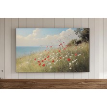 Ninastore Kırsal Yaz Manzarası Çerçeveli Tv Duvar Sanatı Ilkbahar Pembe Kır Çiçekleri Yağlı Boya Çayır Çiçekli