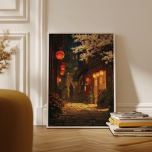 Ninastore Japon Fener Yolu Gece Manzarası Posteri Kiraz Çiçeği Dağ Yolu Sanatı