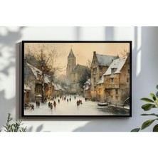 Ninastore Kış Şehir Manzarası Tablosu, Nötr Tonlarda Noel Buz Pateni Baskısı (Dijital Indirme)