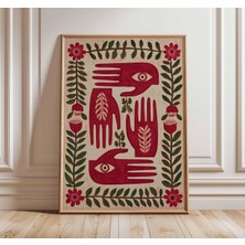 Ninastore Sürrealist Halk Sanatı Baskısı Kırmızı ve Yeşil Gözlü El Eseri Mistik Botanik Poster Bohem Duvar Dek