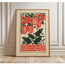 Ninastore Japon Kurbağası Fener Baskısı Kırmızı ve Siyah Linol Baskı Tarzı Poster Asya Festivali Duvar Sanatı