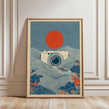 Ninastore Mavi Krem Rengi Vintage Kamera Posteri, Ahşap Baskı Tarzı, Kırmızı Güneş Vurgusu ile