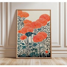 Ninastore Japon Krizantem Posteri Kırmızı ve Krem Çiçekli Duvar Sanatı Modern Botanik Baskı Minimalist Asya Ev