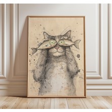 Ninastore Neşeli Kedi Sanat Baskısı, Balık Tutan Komik Kedi Posteri, Sıradışı Hayvan Duvar Sanatı, Vintage Esk