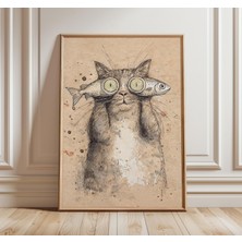 Ninastore Neşeli Kedi Sanat Baskısı, Balık Tutan Komik Kedi Posteri, Sıradışı Hayvan Duvar Sanatı, Vintage Esk