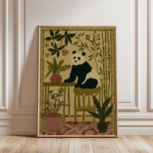 Ninastore Panda ve Bambu Saksı Posteri, Yeşil ve Siyah Renklerde Halk Ahşap Baskı Tarzında