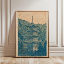 Ninastore Japon Pagoda Posteri Mavi Ahşap Baskı Tapınak Dağ Manzarası Sanatı