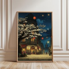 Ninastore Japon Feneri Sokak Afişi Gece Kiraz Çiçeği Baskısı Resimli Sanat Eseri