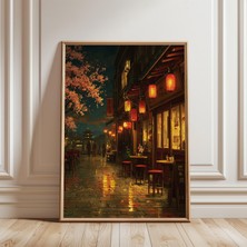 Ninastore Japon Feneri Sokak Afişi Gece Kiraz Çiçeği Baskısı Resimli Sanat Eseri