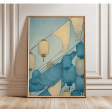 Ninastore Japon Feneri Duvar Sanatı Mavi ve Bej Fener Baskısı Minimalist Asya Dekorasyonu Sakin Gökyüzü Illüst