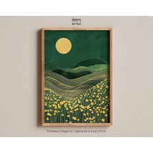 Ninastore Ay ve Kadife Çiçeği Baskısı Altın Botanik Manzara Baskısı Dolunay Altında Japon Tepeleri ve Çiçek Ta