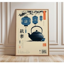 Ninastore Çin Çayevi Posteri Mavi Fener ve Çaydanlık Duvar Sanatı Minimalist Asya Baskısı Vintage Çay Seremoni