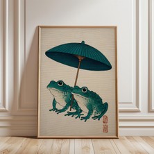 Ninastore Şemsiye Altındaki Kurbağalar Posteri Japon Tarzı Vintage Hayvan Baskısı
