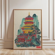 Ninastore Çin Pagodası Posteri Renkli Tapınak Illüstrasyonu Geleneksel Mimari Sanat Baskısı