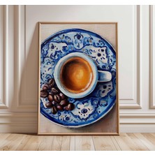 Ninastore Kahve Temalı Sanat Baskısı | Mavi ve Beyaz Mutfak Duvar Sanatı | Gerçekçi Yağlı Boya Tarzı Poster |