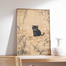 Ninastore Japon Kedisi Sanat Baskısı Minimalist Duvar Sanatı Kiraz Çiçekleri Zen Posteri Sevimli Siyah Kedi Il
