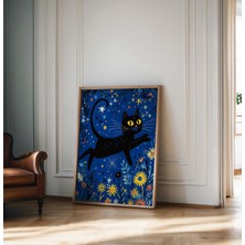 Ninastore Mavi Papatya Içinde Siyah Kedi Sanat Baskısı, Ay ve Yıldızlar Sevimli Illüstrasyon, Yatak Odası, Otu