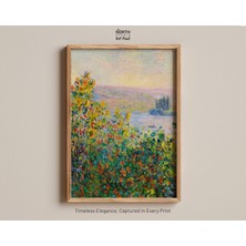 Ninastore Claude Monet'nin Vétheuil'deki Çiçek Bahçeleri Tablosu. Canlı Empresyonist Manzara. Seine Nehri Kıyı