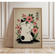 Ninastore Japon Şans Kedisi Maneki Neko Duvar Sanatı Posteri, Kiraz Çiçekleriyle Geleneksel Zen Tarzı Baskı, S