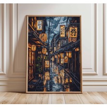 Ninastore Japon Yağmurlu Sokak Posteri Kyoto Gece Duvar Sanatı Baskısı Fener Yansımaları Japonya Seyahat Sanat