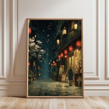 Ninastore Kyoto'da Japon Fener Yolu Gece Manzarası Posteri Kiraz Çiçeği Yolu Sanatı