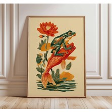 Ninastore Kurbağa ve Koi Balığı Posteri Japon Sanat Baskısı Botanik Duvar Sanatı Neşeli Hayvan Illüstrasyonu T
