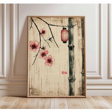 Ninastore Japon Bambu ve Fener Posteri Kiraz Çiçeği Duvar Sanatı Baskısı Wabi Sabi Asya Dekorasyonu Zen Minima