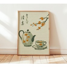 Ninastore Japon Çay Sanatı Baskısı Minimalist Çaydanlık ve Fincan Posteri Zen Mutfak Duvar Sanatı Kiraz Çiçeği
