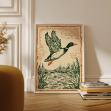 Ninastore Eski Linol Baskı Ördek Posteri - Yeşil ve Turuncu Yaban Hayatı