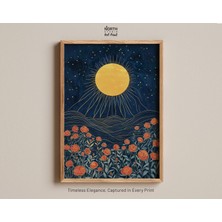 Ninastore Ay ve Güller Baskısı Altın Rengi Göksel Çiçek Baskısı Gece Gökyüzü ve Gül Bahçesi Vintage Illüstrasy