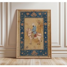 Ninastore Mughal Minyatür Atlı Sanat Baskısı, Antik Hint Resim Posteri, Mavi Süslemeli Çerçeve, Duvar Sanatı