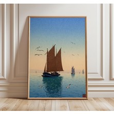 Ninastore Japon Deniz Manzarası Baskılı Yelkenli Duvar Sanatı, Sakin Okyanus Posteri, Vintage Kıyı Tablosu, Hu