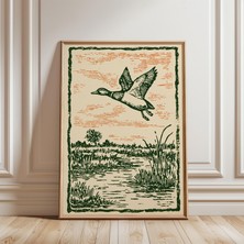 Ninastore Eski Linol Baskı Ördek Posteri - Yeşil ve Turuncu Yaban Hayatı