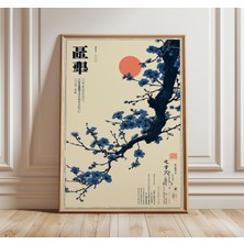 Ninastore Japon Mavi Çiçek Posteri Minimalist Oryantal Duvar Sanatı Vintage Esintili Sakura Dalı Baskısı Kırmı