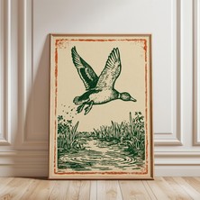 Ninastore Eski Linol Baskı Ördek Posteri - Yeşil ve Turuncu Yaban Hayatı