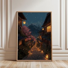Ninastore Japon Fener Yolu Gece Manzarası Posteri Kiraz Çiçeği Dağ Yolu Sanatı
