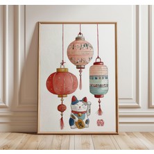Ninastore Çin Fenerleri Duvar Sanatı Şans Kedisi Suluboya Baskı Asya Festivali Posteri Oryantal Ev Dekorasyonu