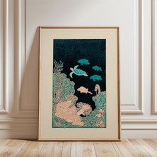 Ninastore Deniz Kaplumbağası Posteri, Turkuaz ve Mercan Renklerinde Japon Esintili Okyanus Sanatı