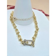 Zirkon Taşlı Zincir Detaylı Gold Kolye