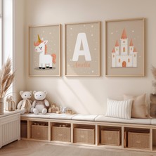 Ninastore Kişiselleştirilmiş Çocuk Odası Duvar Sanatı Seti, Tek Boynuzlu At Kalesi Isim Posteri Üçlüsü, Nötr Ç