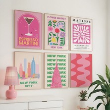 Ninastore 6'lı Pembe Baskılı Galeri Duvarı Seti | Dijital Sanat Indirme | Pembe Yeşil New York Şehri Baskılı S