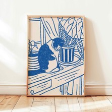 Ninastore Retro Kedi Çizgisi Baskılı Mavi Vintage Natürmort Poster Matisse Duvar Sanatı Dekorasyonu